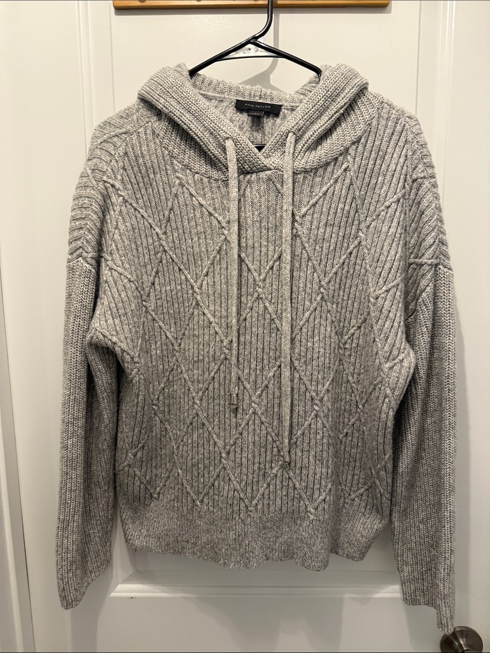 Ann Taylor Light Gray Cable-Knit Hooded Sweater